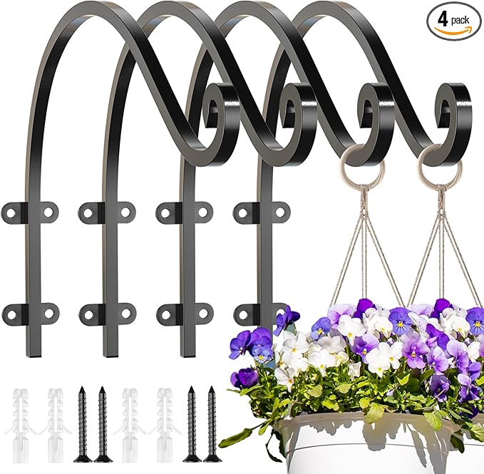 EPHECH 4 Pack Heavy Duty Plant Hanger Hook for Outdoor and Indoor, 16Inch Wall Hanging Basket Bracket, Black Metal Outdoor Hanging Bracket for Hanging Flower Pot Bird Feeder Lanterns