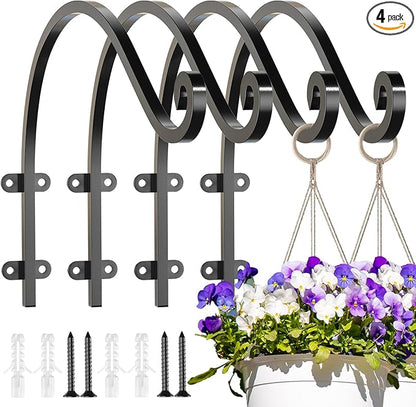 EPHECH 4 Pack Heavy Duty Plant Hanger Hook for Outdoor and Indoor, 16Inch Wall Hanging Basket Bracket, Black Metal Outdoor Hanging Bracket for Hanging Flower Pot Bird Feeder Lanterns