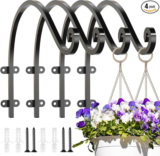 EPHECH 4 Pack Heavy Duty Plant Hanger Hook for Outdoor and Indoor, 16Inch Wall Hanging Basket Bracket, Black Metal Outdoor Hanging Bracket for Hanging Flower Pot Bird Feeder Lanterns