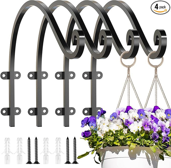 EPHECH 4 Pack Heavy Duty Plant Hanger Hook for Outdoor and Indoor, 16Inch Wall Hanging Basket Bracket, Black Metal Outdoor Hanging Bracket for Hanging Flower Pot Bird Feeder Lanterns