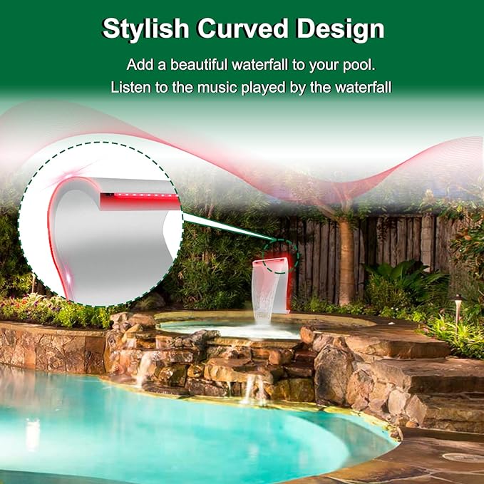 LONGRUN S-Shaped Waterfall Spillway Stainless Steel Swimming Pool Fountain with Color Changing LED Light, Outdoor Pond Waterfalls Kit for Garden Patio Swimming Pool Koi Ponds Decoration -20.2" Height