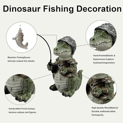 Garden Dinosaur Pond Statues Decoration, Fishing Dinosaur Garden Statue Outdoor Koi Pond or Waterfall Decor, 7.1" Crocodile Fishing Poolside Statue, Animals Patio, Lawn Additional, Gifts for Mom