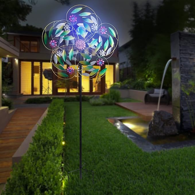 Solar Wind Spinner Metal Garden Decor, Wind Spinners Outdoor Clearance, Multi Color Changing LED Solar Powered Glass Ball Kinetic Wind Sculptures Windmills for Yard Patio Outdoor Decoration