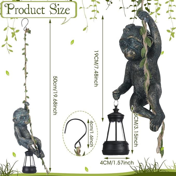 Rossesay Solar Light Outdoor Monkey Statues Bronze 7.48 Inch Resin Chimpanzee Baby Monkey Climbing on Vine with LED Lantern Waterproof Hanging Figurine with Hook for Yard Garden Wall