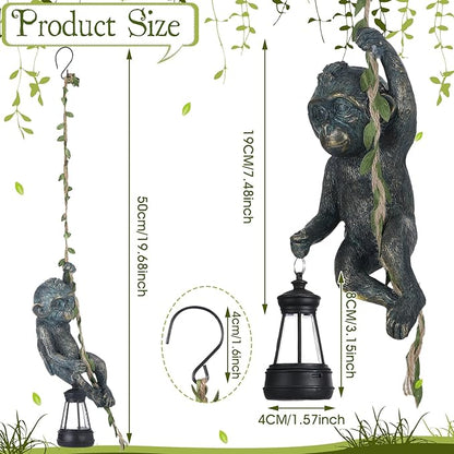 Rossesay Solar Light Outdoor Monkey Statues Bronze 7.48 Inch Resin Chimpanzee Baby Monkey Climbing on Vine with LED Lantern Waterproof Hanging Figurine with Hook for Yard Garden Wall