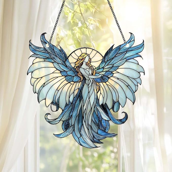 Guardian Angel Suncatcher Spiritual Religious Ornament Acrylic Stained Glass Effect Window Hanging Art Garden Decor Valentines Day Decoration Gifts for Girlfriend Wife Women Teacher