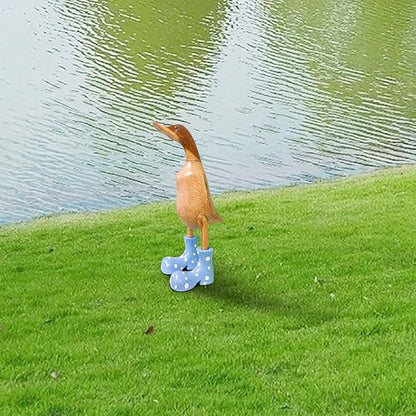 Wooden Crafted Duck Figurine with Spotty Wellies Funny Standing Duck Statues Decorative Resin Rain Boot Animal Sculpture Collectible Crafts Waterproof Garden Lawn Ornament (Blue, 5.9Inch)