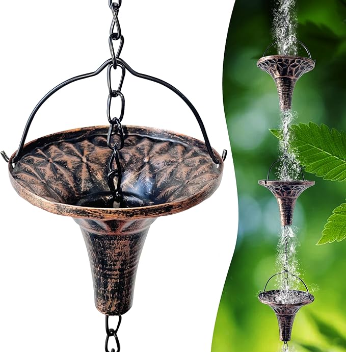 Rain Chains for Outside, 8.6FT Gutter Chain with 12 Funnel Cups Rain Catcher Chain Replacement Downspout for Gutters Eaves Drainage Decor, Copper
