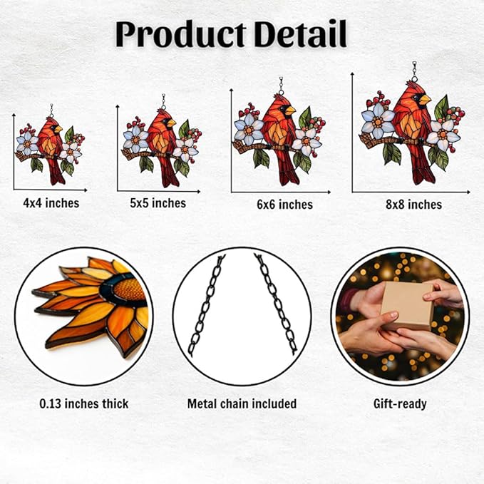 Red Cardinal Acrylic Suncatcher Stained Glass Effect Window Car Hanging Christmas Ornament Indoor Outdoor Decor Garden Sun Catcher Panel for Cardinal Lover for Women Mom Grandma