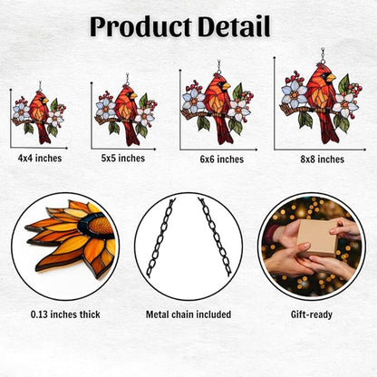 Red Cardinal Acrylic Suncatcher Stained Glass Effect Window Car Hanging Christmas Ornament Indoor Outdoor Decor Garden Sun Catcher Panel for Cardinal Lover for Women Mom Grandma