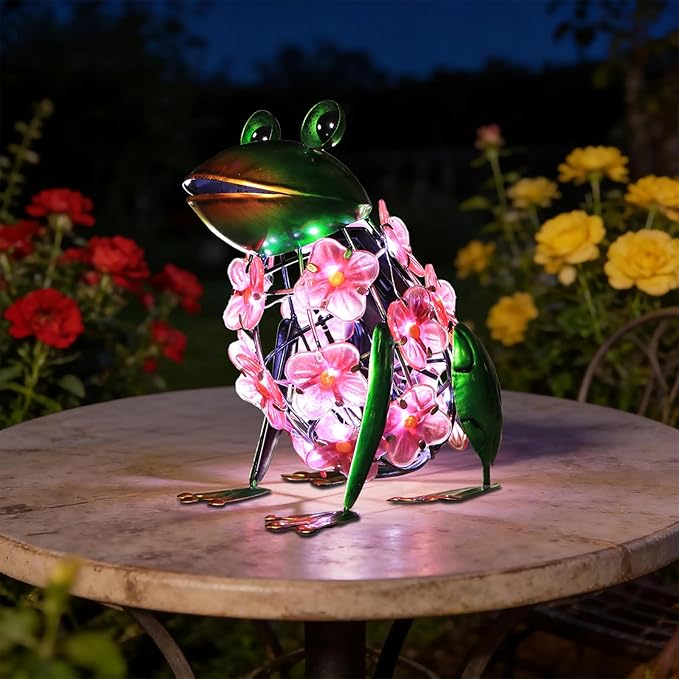 VCUTEKA Frog Solar Lights Outdoor, Solar Lantern Waterproof LED Hydrangea Flower Lights Frog Tabletop Decorations for Patio Garden Yard Outside Decor, Pink