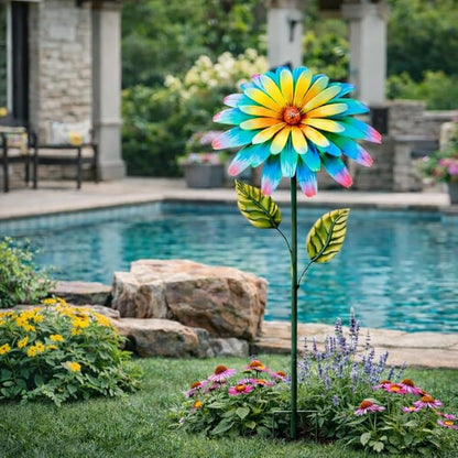 Glitzhome Metal Flower Yard Stake, 41 Inch Hand Painted Garden Flower with Blue Yellow Petals, Iron Garden Yard Spring Decor for Lawn Landscape