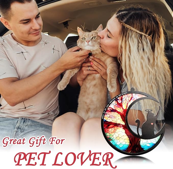 BamLue Pet Memorial Suncatcher for Window Decoration Ornament, Cat Memorial Gifts Loss of Sympathy for Pet Lover Cat Sun Catchers, Double-Layer DIY Life Tree of Loss of Sympathy Memories Gift