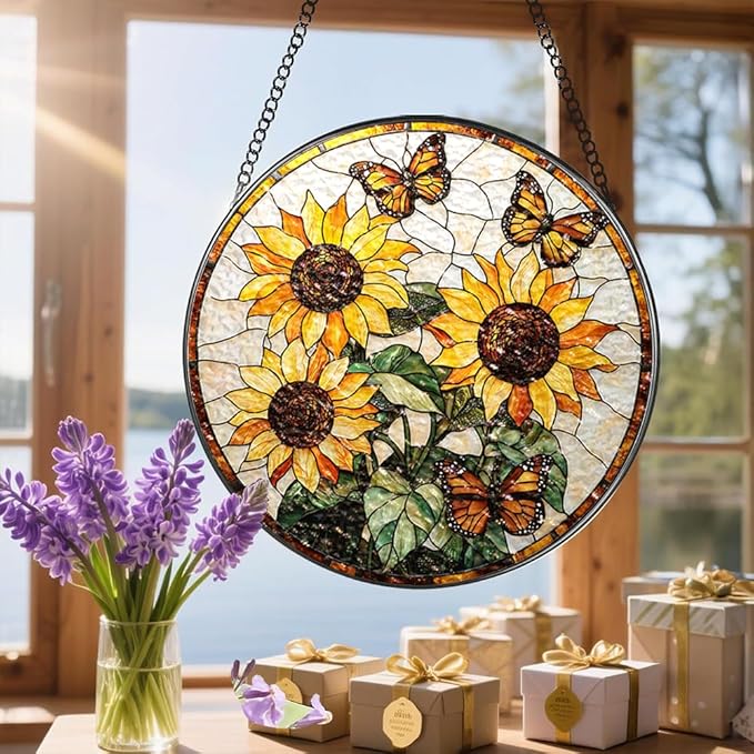 Stained Glass Suncatcher Window Hanging, 7.8 Inch Handmade Sunflower Garden suncatchers, Suncatcher Home Decor,Gift for Women, Mom, Grandma (Sunflower)