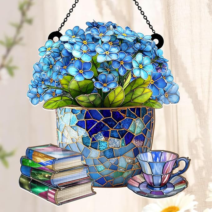 Jesuspirit - Window Hanging Suncatcher – Crystal Clear Acrylic & Wood Sun Catcher for Home Decor, for Women (Forget-Me-Not, Books, and Tea, 8 Inches)