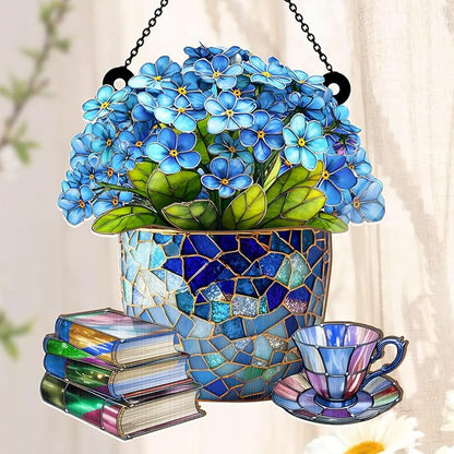 Jesuspirit - Window Hanging Suncatcher – Crystal Clear Acrylic & Wood Sun Catcher for Home Decor, for Women (Forget-Me-Not, Books, and Tea, 6 Inches)