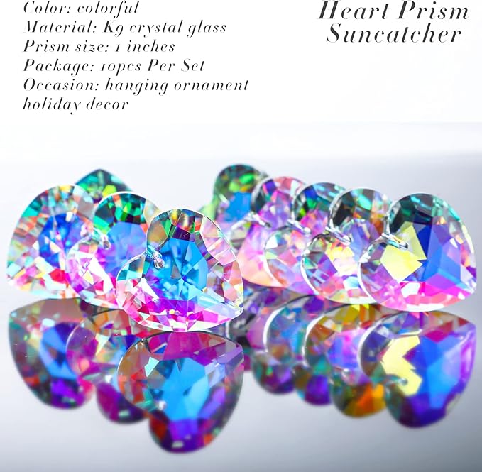 12pcs Colorful Crystal Heart Prism Suncatcher, Heart Prism Chandelier Drop Parts Window Sun Catcher Crystals Hanging Pendant, 27mm Rainbow Maker Wedding Decor