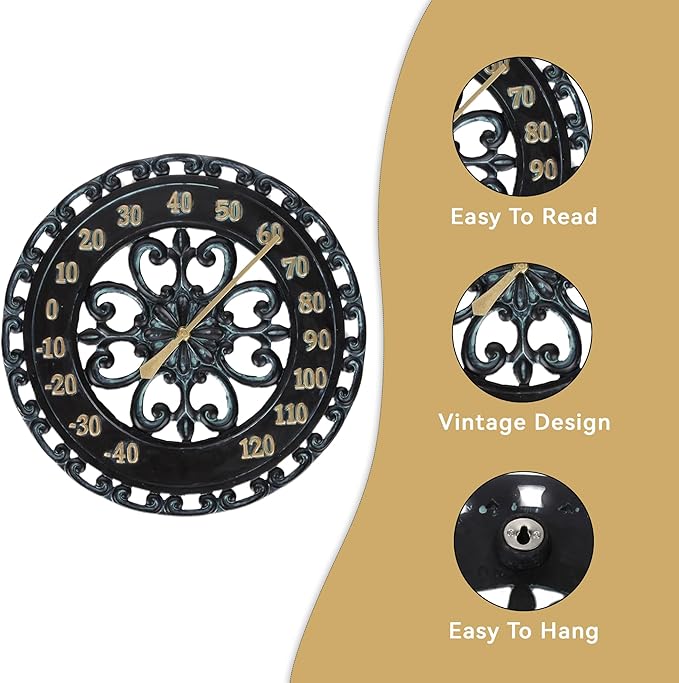 Lily's Home Hanging Verdigris Wall Dial Thermometer, Ideal for Indoor and Outdoor Use, Black (13 Inches)