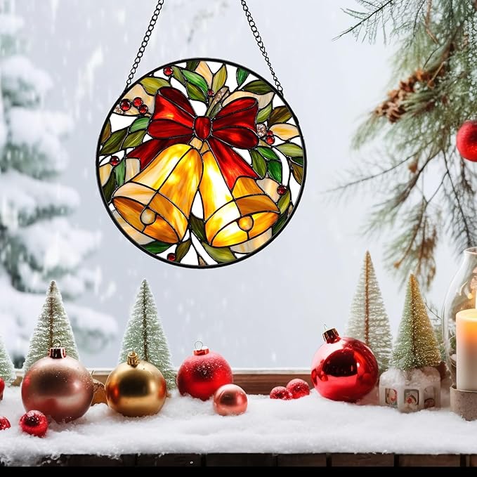 Golden Bell Stained Glass Suncather for Window Hanging, 6.3'' Christmas Ornament Gift for Women, Festive Wall Art Home Decoration Xmas Gift for Mom, Grandma (Golden Bell, 6.3'')