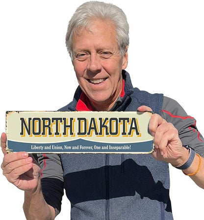 SmartSign 4 x 14 inch North Dakota State Vintage Metal Sign “Liberty And Union”, 40 mil Rustproof Aluminum with Clear Overcoat, Retro Wall Décor, Multicolor, Made in USA