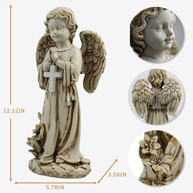 Rezpuao Angel Statue for Garden,Solar Angel for Cemetery Decorations,Garden Memorial Angels,Resin Praying Angels Figurine for Patio Lawn Yard Porch Decorations,12.12inch