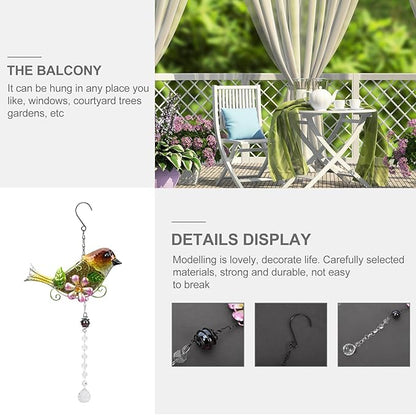 Wrought Iron Crystal Garden Hanging Ornament with Yellow Bird Pendant for Patio and Window Sun Outdoor Décor