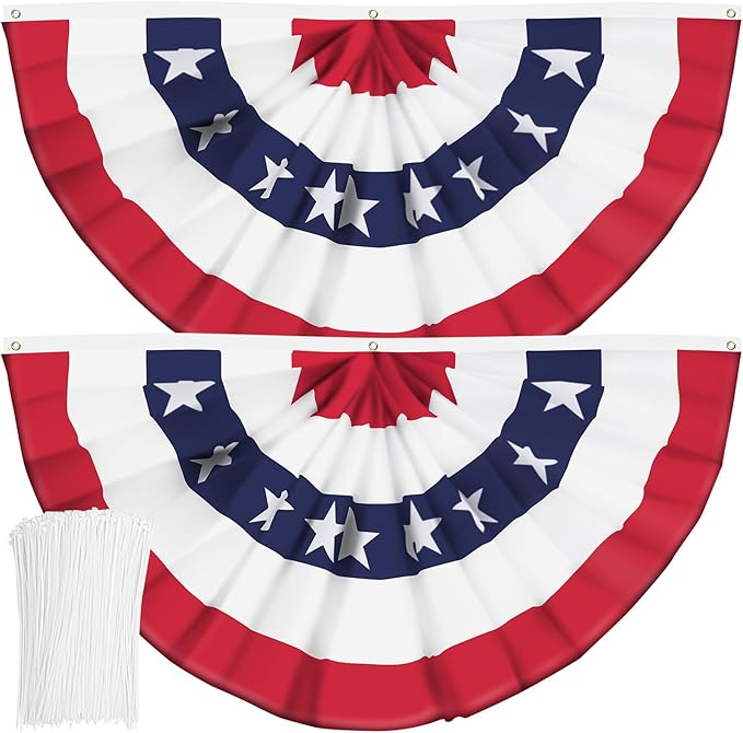 USA Pleated Fan Banner Patriotic Half Fan Flag with Canvas Header and Brass Grommets for 4th of July Memorial Day Indoor Outdoor Decoration (2, 3x6 Feet)