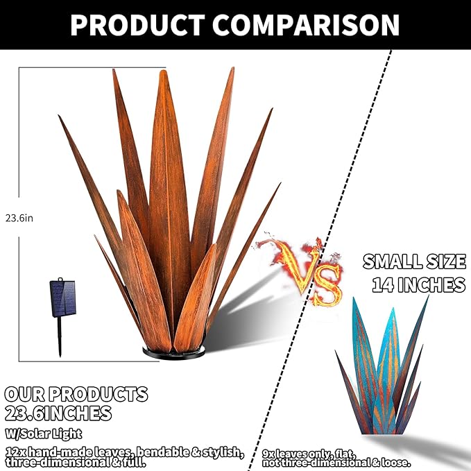 KODIBO Large Tequila Rustic Sculpture, Rustic Metal Agave Plants for Outdoor, Metal Agave Garden Yard Statue, Outdoor Lawn Ornaments Yard Stakes (Rusty - L (W/Solar Light))