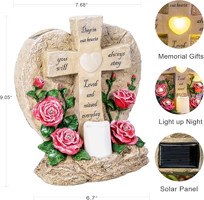 MXwcy Memorial Garden Stone Cross with LED Lights - Sympathy Gift, Bereavement & Remembrance for Loss of Loved One, Outdoor Indoor Grave Marker Decoration, Weatherproof Resin Heart Rose Design