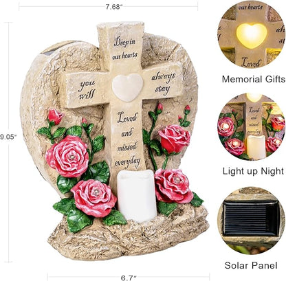 MXwcy Memorial Garden Stone Cross with LED Lights - Sympathy Gift, Bereavement & Remembrance for Loss of Loved One, Outdoor Indoor Grave Marker Decoration, Weatherproof Resin Heart Rose Design