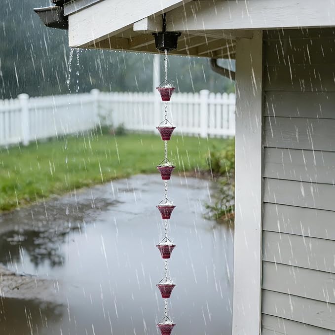 Retro Red Cup Rain Chain, 103.9" Metal Rain Catcher Chain for Gutters, Decorative Outdoor Rain Chain with Distressed Finish, Garden Downspout Diverter Replacement Gift