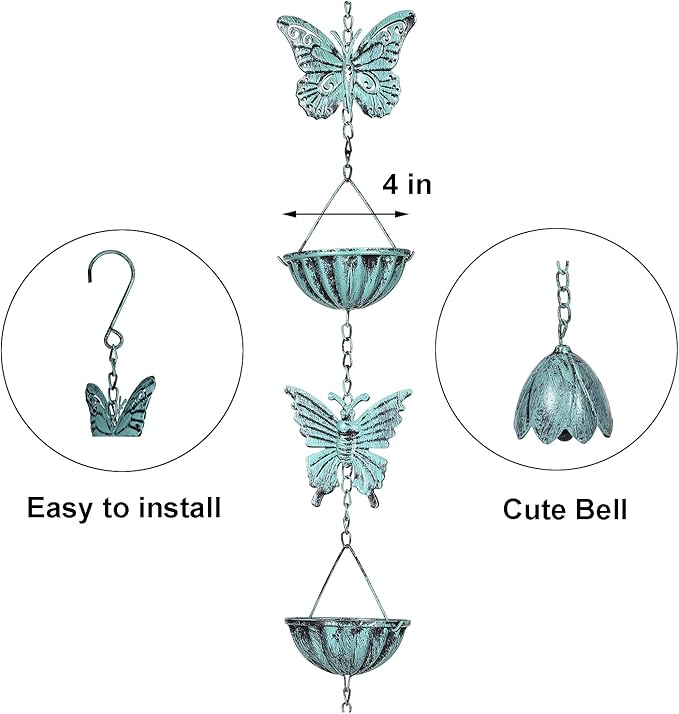 8.5 Ft Rain Chain for Gutters Downspouts, Cups with Butterfly, Distressed Blue……