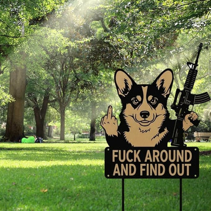 F Around & Find Out Dog Sentry Metal Dogs Silhouette Garden Stake with Middle Finger &Weapon Sign, FAFO Security Sign Middle Finger Dog Statue Decor for Outdoor Yard Patio (Corgi, 6 * 12")