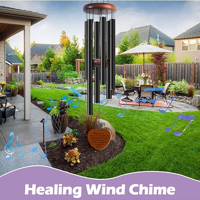 Healing Wind Chimes for Garden, 6 Tubes, Large Outdoor Chime with Psalm 23 Scripture Plaque, Black Metal and Wood