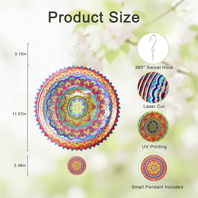 2 Pack Garden Wind Spinners Outdoor Mandala 3D Stainless Steel 12 Inch Patio Garden Decorations Multi Color Hanging Wind Spinners for Porch