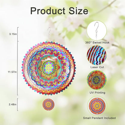 2 Pack Garden Wind Spinners Outdoor Mandala 3D Stainless Steel 12 Inch Patio Garden Decorations Multi Color Hanging Wind Spinners for Porch
