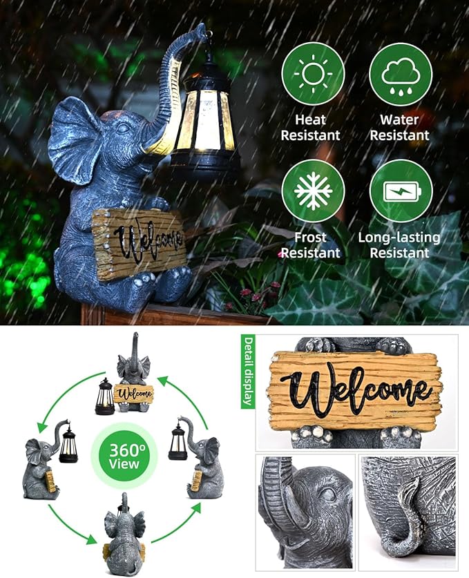 KVR Solar Elephant Garden Lights, Outdoor Welcome Statue Decor for Patio Yard, Birthday Gift for Women Mom Grandma (2026 New Gift Ready) (Black)