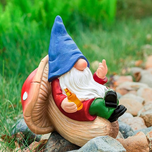 Middle Finger Gnome Statue Naughty Garden Gnomes Funny Drunk Gnome on Mushroom Indoor Outdoor Decoration for Yard Lawn Home Christmas Birthday Gag Gift