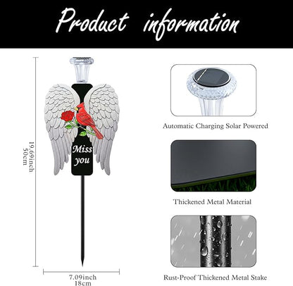 20-Inch Solar Angel Wings Memorial Stake with Red Cardinal - Metal Cemetery Decorations for Grave - Weatherproof Sympathy Gift for Loss of Loved One(Angel Wings)