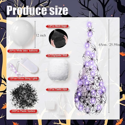 12 Pack Halloween Spider Hanging Egg Sacks Halloween Spider Sacks Decoration Large Props White Webs for Yard Haunted House Lawn Tree Outdoor Party Decor(Purple)