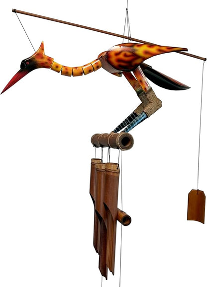 Cohasset Gifts Bamboo Wind Chime for Outside - Phoenix Bobbing Head Bird Bamboo Wind Chime - Unique Rustic Rooster Decor, Large for Outside Use, Memorial Sympathy Gift, Air Brushed Flame Design,Medium