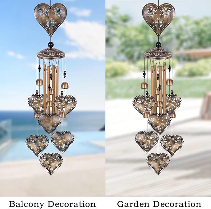 Heart Shape Wind Chimes for Garden, Gifts for Mom, Home, Balconies, Rooms, Patio, Indoor, Outdoor Heart Decoration, Hearts Shape Wind Catcher, Bronze Memorial Wind Bells, Hearts Wind Chimes Decor