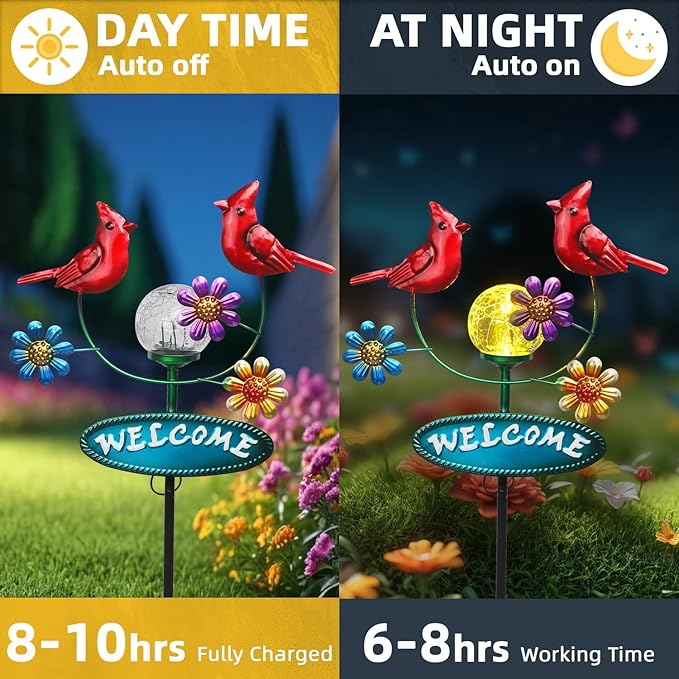 Solar Garden Stakes Metal Welcome Signs for Outside 29.5', 2 Flying Cardinals with Cracked Glass Ball,Decorative Garden Stakes for Lawn, Patio, Cardinal Gifts for Women