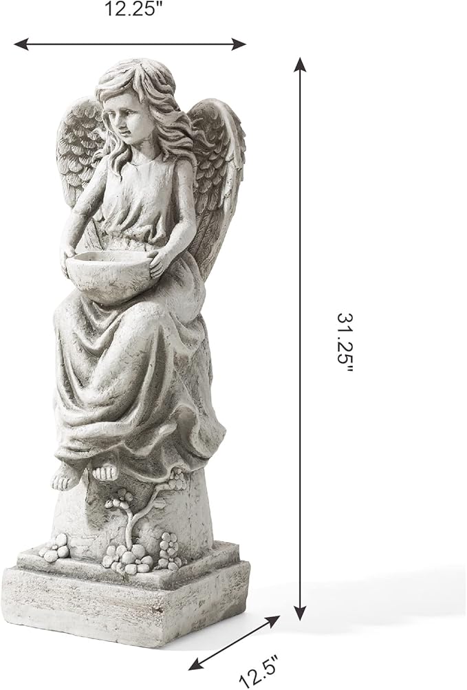 glitzhome GH50526 Angel with a Bird Bath Garden Decor Statue, 31 Inch, Antique Beige