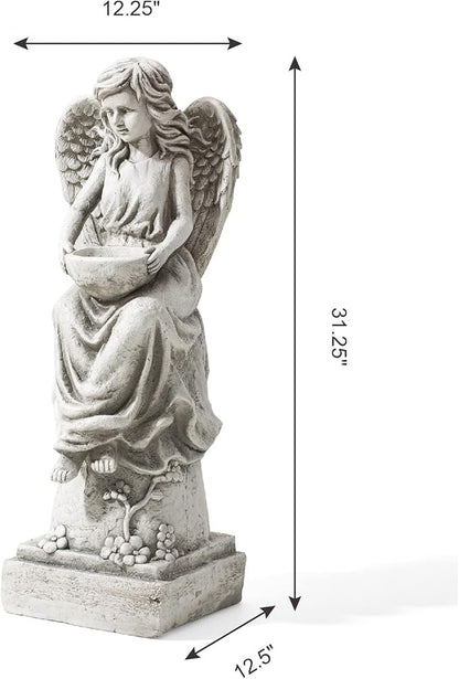 glitzhome GH50526 Angel with a Bird Bath Garden Decor Statue, 31 Inch, Antique Beige