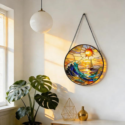 7.8 Inch Stained Glass Window Hanging, Sailboat & Sunset Waves Suncatcher, Blue and Orange Sky Diamond Glass Panel Landscape Decor for Women, Men, Wife, Aunt, and Mom
