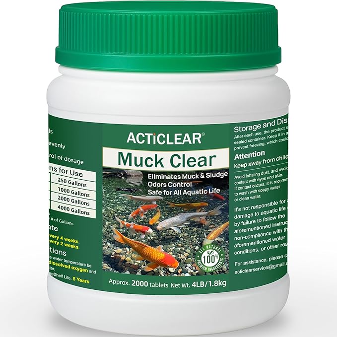 Muck Clear – Natural Pond Sludge Treatment, 4 LB for Ponds, Fountains & Bird Baths, Beneficial Bacteria & Enzymes, Chemical-Free & Safe for Fish, Pets & Wildlife