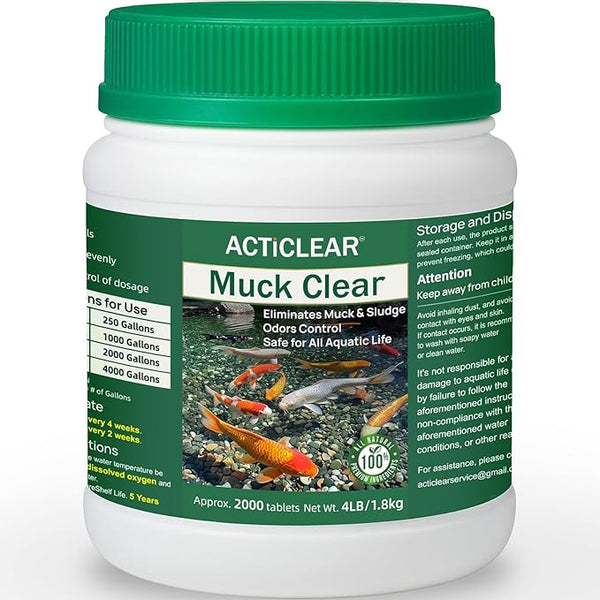 Muck Clear – Natural Pond Sludge Treatment, 4 LB for Ponds, Fountains & Bird Baths, Beneficial Bacteria & Enzymes, Chemical-Free & Safe for Fish, Pets & Wildlife