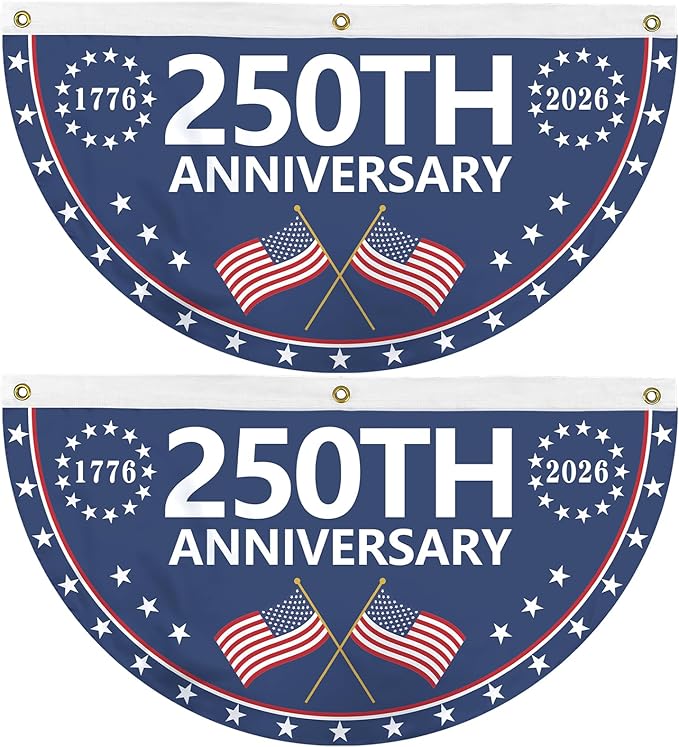 Probsin 2Pcs 250th Anniversary Fan Bunting 1.5x3Ft 1776-2026 250th Anniversary Patriotic 250th Birthday Party Supply Wall Decor Hanging Backdrop for Indoor Outdoor Fence Door Porch Balcony