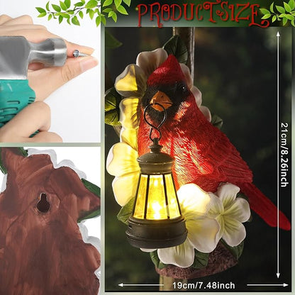 WILLBOND Cardinal Garden Decor with Solar Lantern 8.3 in Tree Cardinal Solar Light for Outside Resin Red Bird Outdoor Garden Statue for Wall Tree Yard Lawn Women Mom Grandmom Mother's Day Gifts
